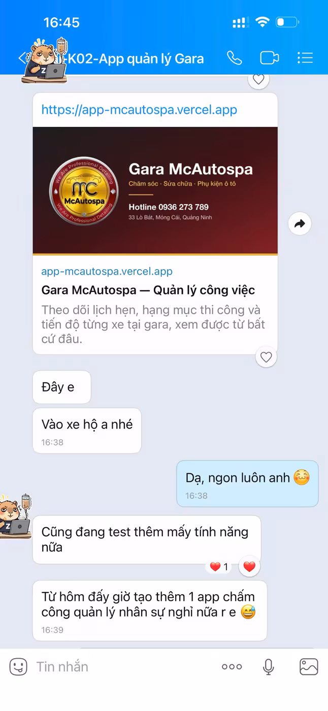 Feedback anh Hải - app quản lý gara